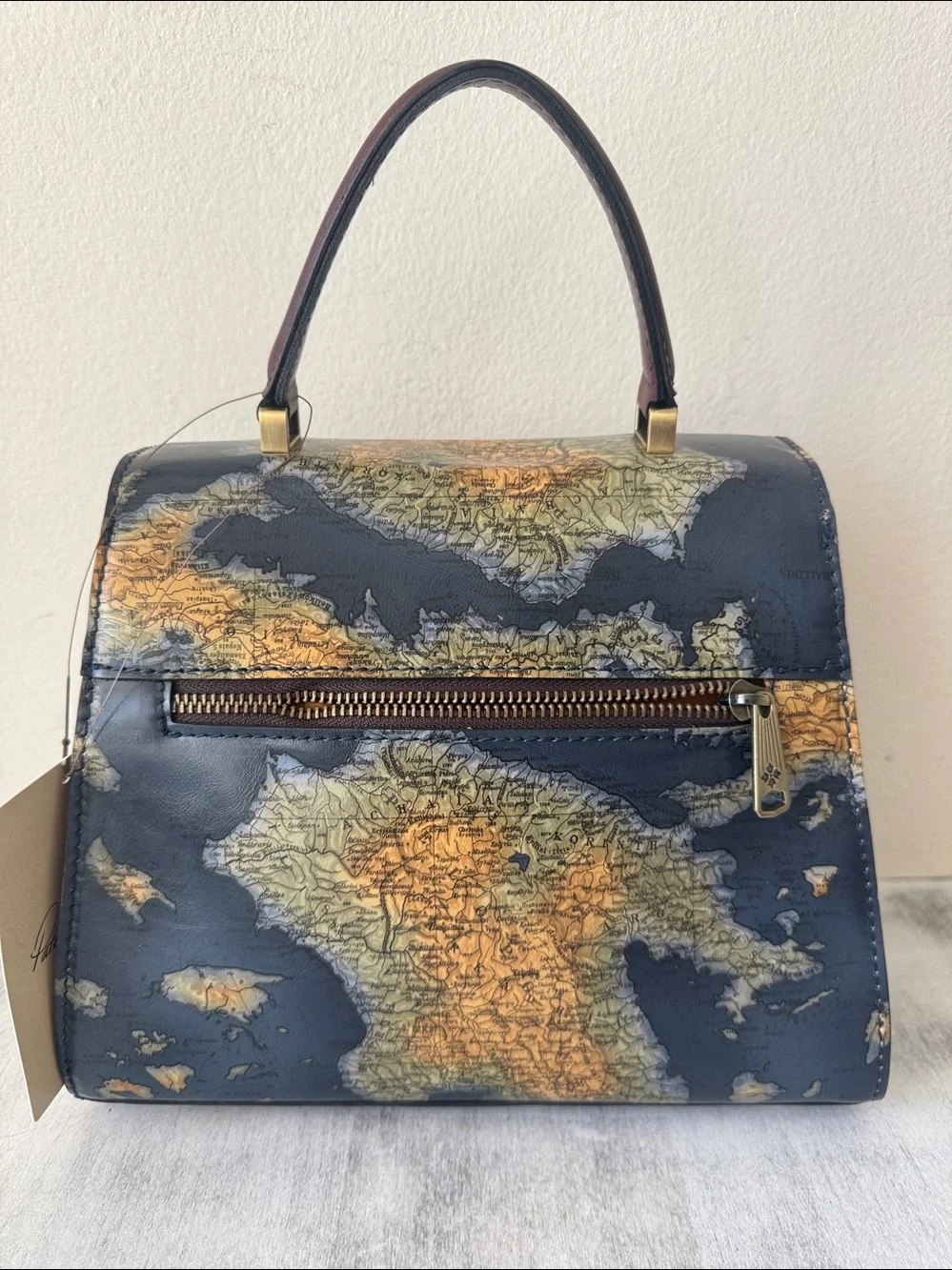 PATRICIA NASH Leather Chauny Satchel Handbag Xbody Greek Map Print Navy Yellow